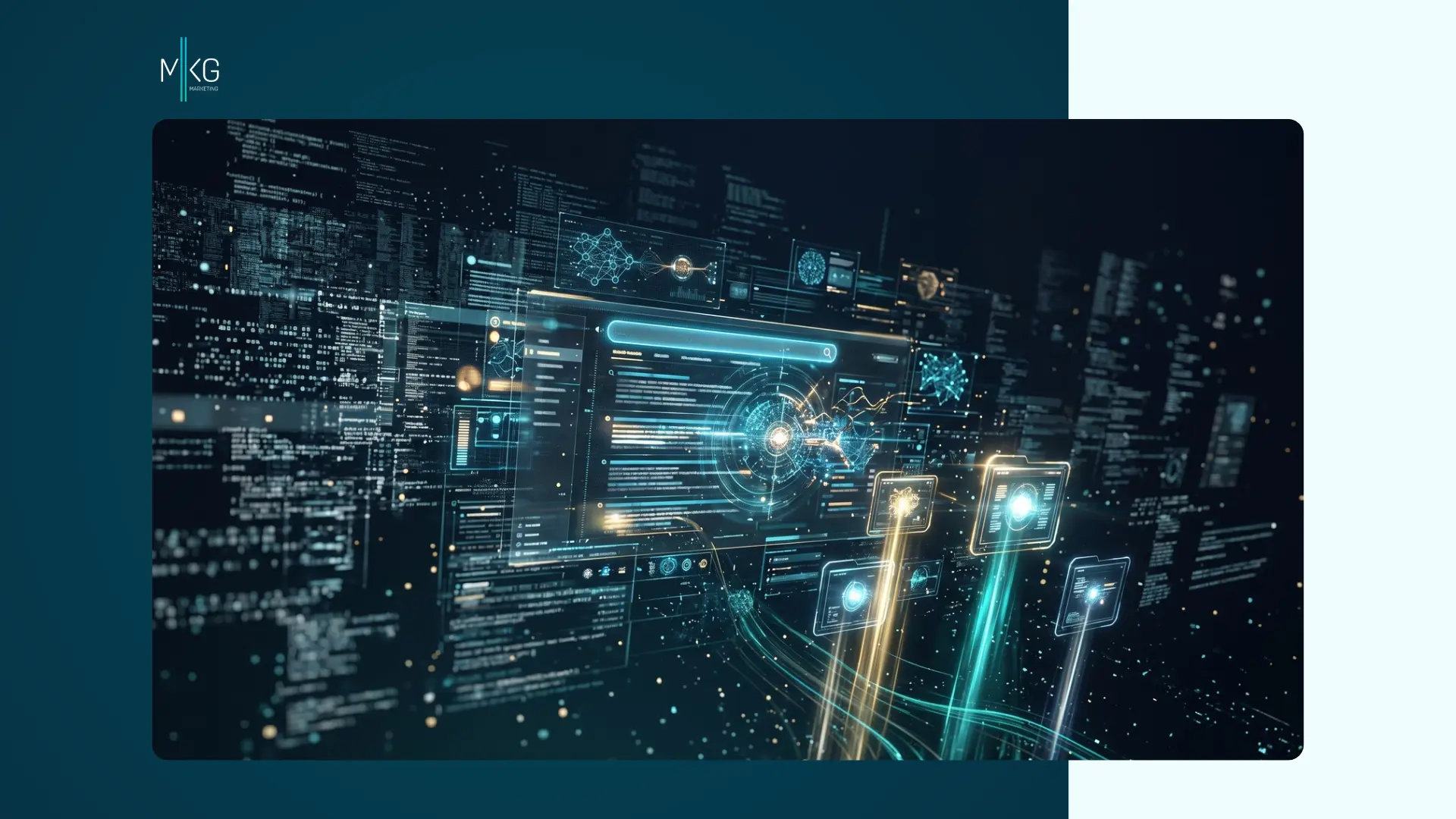 Abstract futuristic user interface displaying digital data stream, search interface, network nodes, and illuminated glowing code.