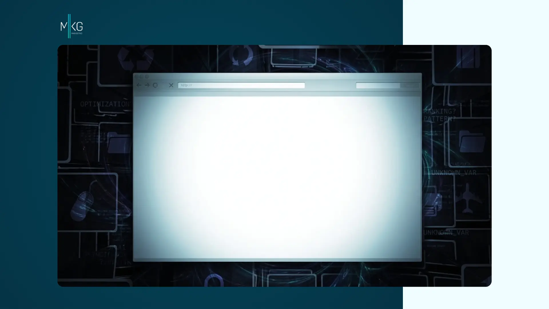 A graphic featuring a blank browser window centered against a dark tech-themed background with line icons, with the MKG Marketing logo in the top-left corner.