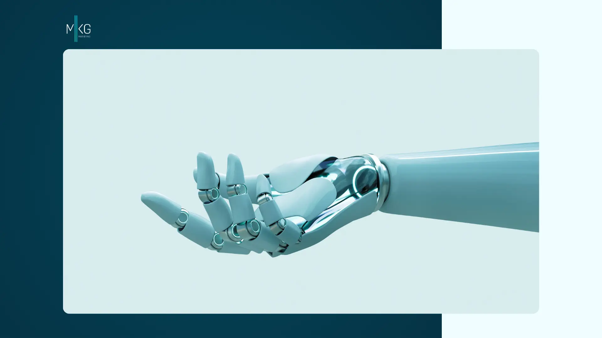 Robotic hand extended outwards with a green and white border and the MKG logo in the top left corner.