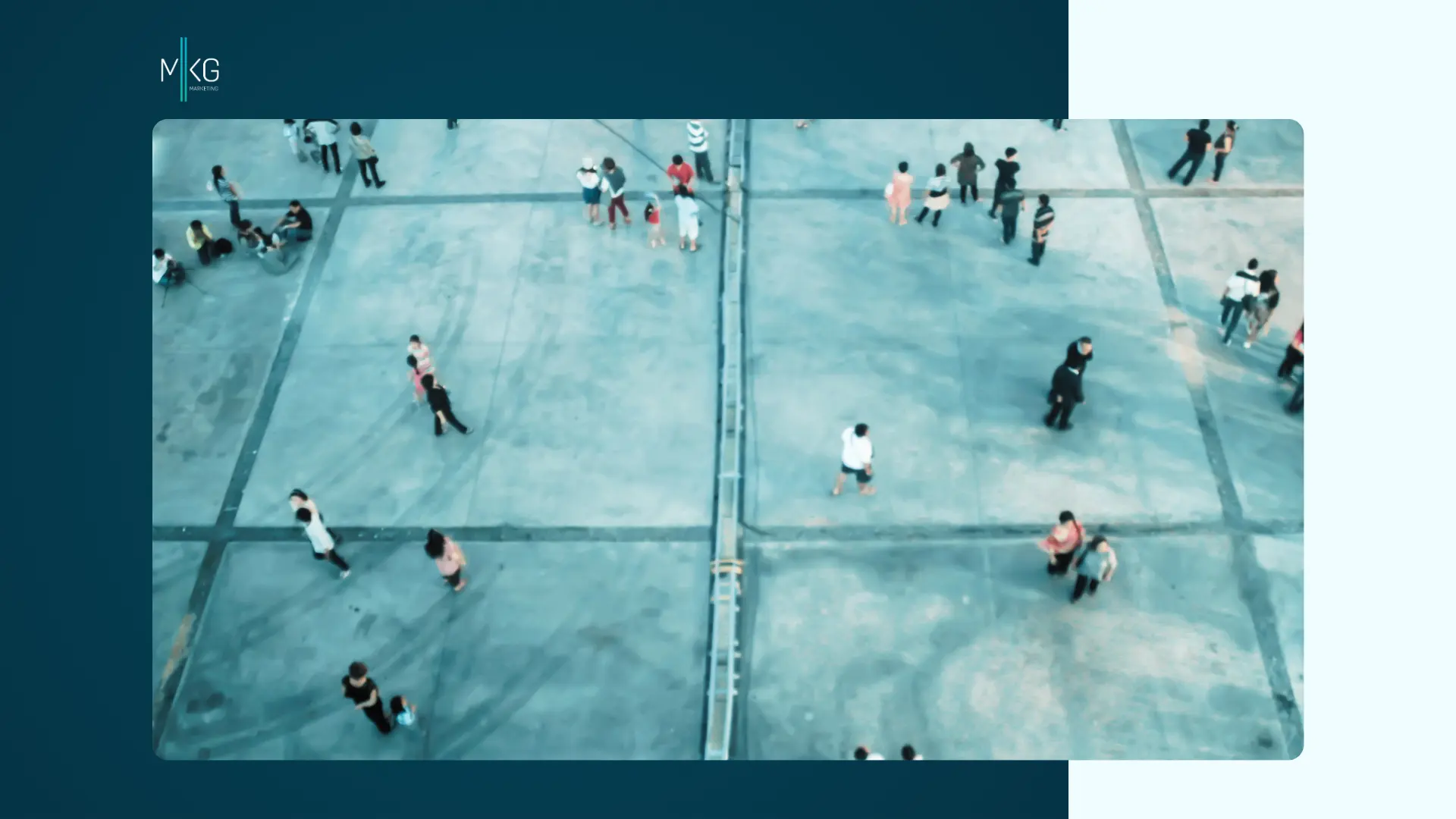 High-angle, top-down view of people walking across a large concrete plaza, framed by a dark blue background with the MKG Marketing logo in the top-left corner.