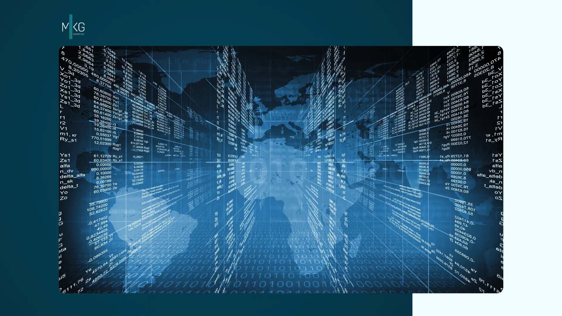 Digital blue background featuring dynamic panels of code, data tables, mathematical variables, and a translucent world map overlay, with an MKG Marketing logo in the top-left corner.